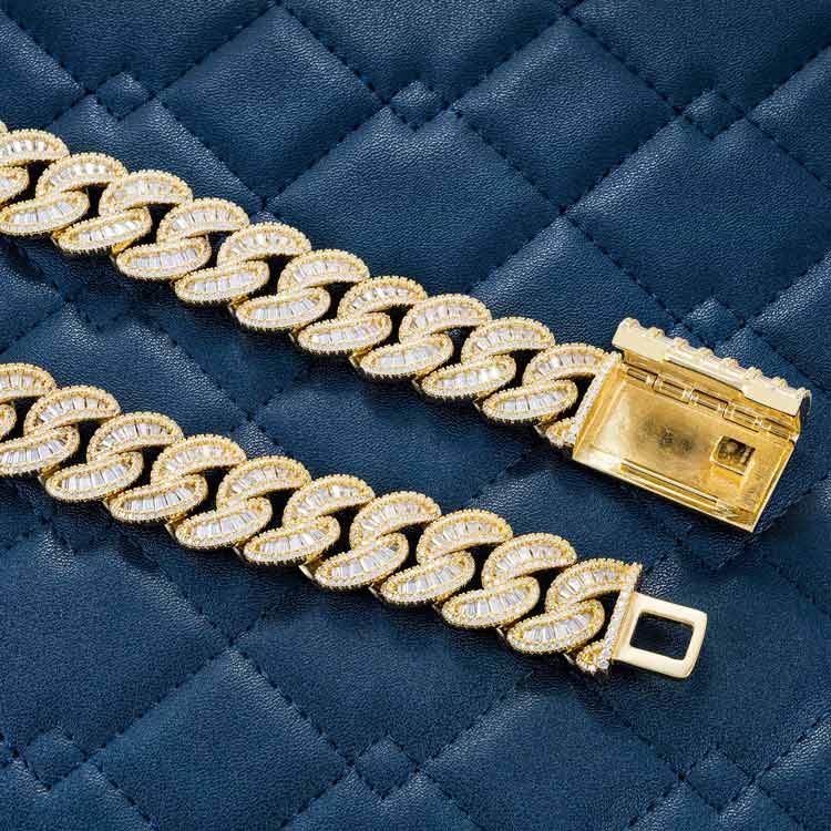 Moissanite yellow gold iced out baguette miami cuban link chain necklace open