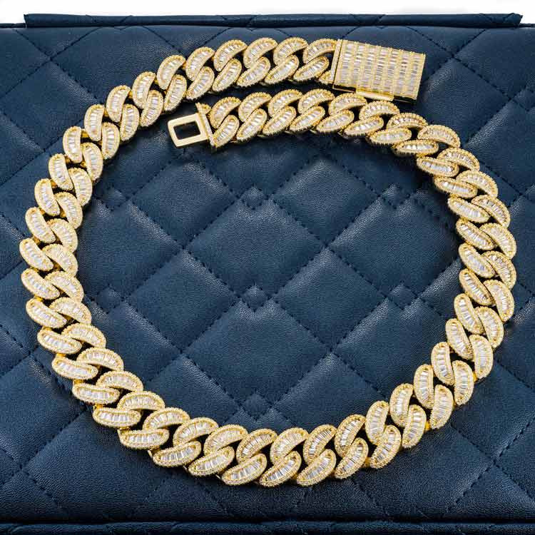 Moissanite yellow gold iced out baguette miami cuban link chain necklace top