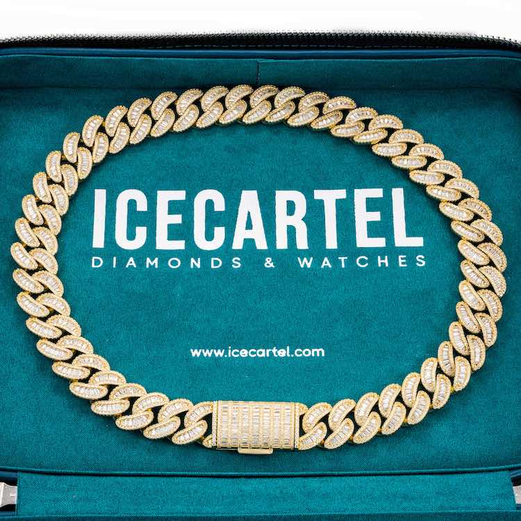 Moissanite yellow gold iced out baguette miami cuban link chain necklace velvet