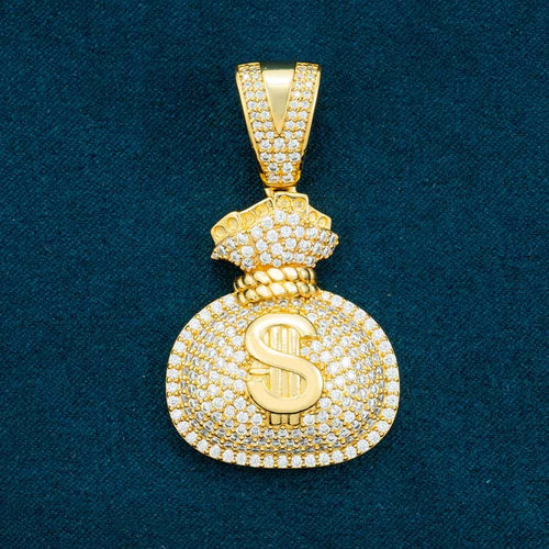 money bag moissanite hip hop iced out yellow gold sterling silver pendant front