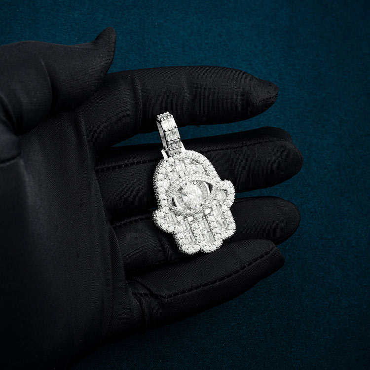 white gold princess cut moissanite diamond hamsa on hand pendant
